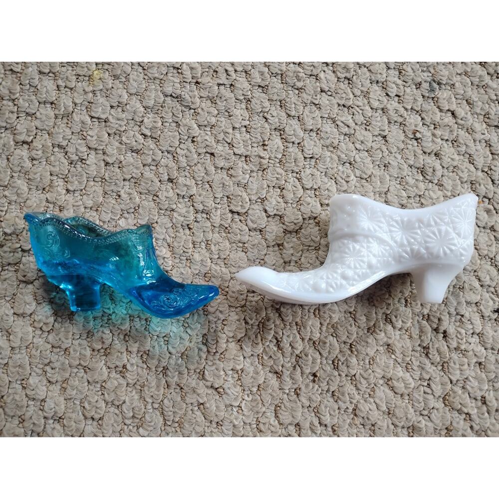 Lot Of 2 Hobnail Glass Shoes Vintage Milkglass And Blue Glass Excellent Cond